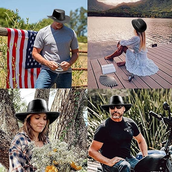 Cowboyhatte til mænd og kvinder, Western Læder Outback Bred Skygge Regnhat Black