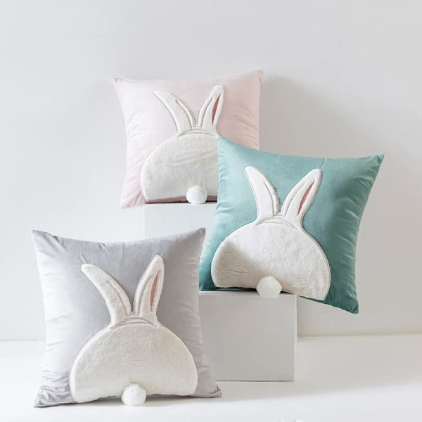 Pillowcase Easter 45x45cm 1/2-Pack – Easter Bunny Pillowcase in Velvet, Easter Decoration Throw Pillow Spring Decor Pink 2 Rabbits