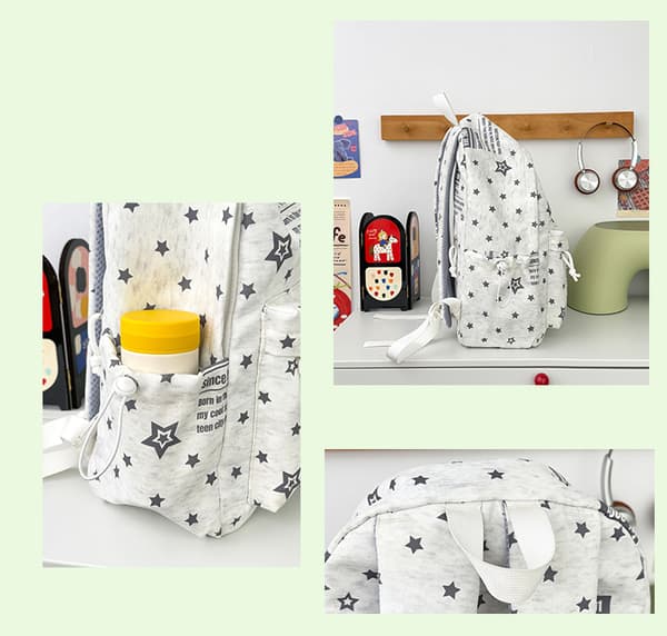 Backpack for Women and Men with Star Pattern, Lightweight Nylon Bag with Pockets, 42x30x13 cm Light Grey