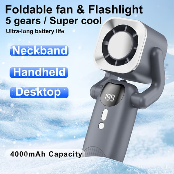 Sammenklappelig Digital Display Is-Kølende Ventilator, 4000mAh Batteri, Bærbar Ventilator til Udendørs Arbejde, Camping, Rejser & Studerende Grey