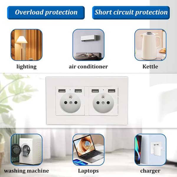 1/2 pc Double Wall Socket 16A with 4 USB Ports – Built-in Power Outlet White, Smartphone Charging 1-Pack