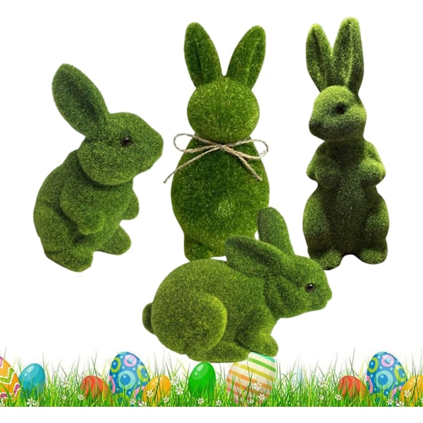 4-Pack Easter Bunny Figurines Flocked – Easter Decoration Rabbit Green, Easter Decor for Table, Shelf, Garden & Home