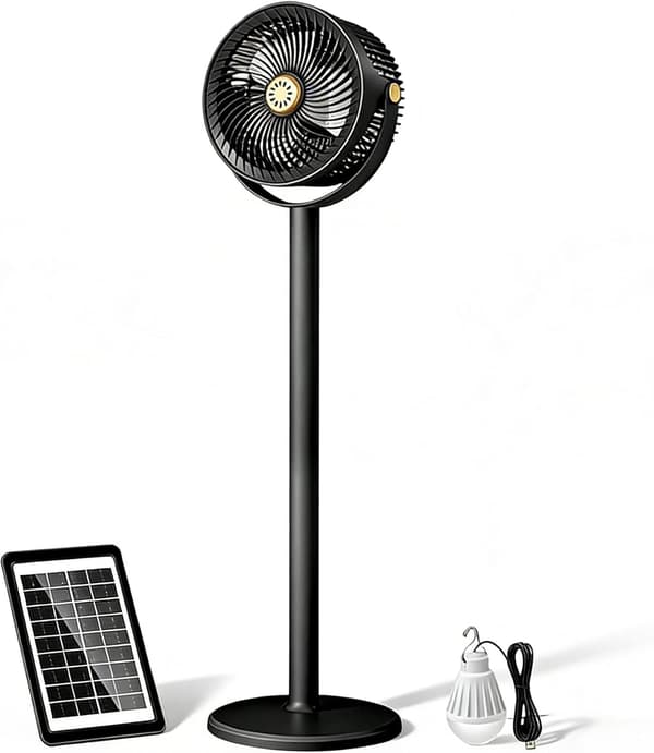 Solarventilator med panel og LED-pære, bærbar ventilator, 5 hastigheder, 360° justerbar, 4 højdeniveauer Black