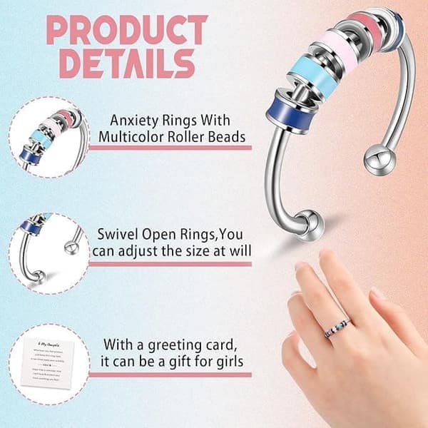 Ringe i rustfrit stål, justerbar anti-stress ring med perler, spinnerring til angstlindring