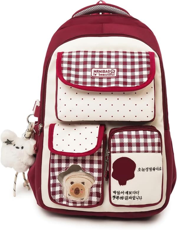 Backpack with Plaid and Polka Dot Pattern, Multiple Pockets, Cat Charm, and Spacious Storage for Everyday and Travel Green