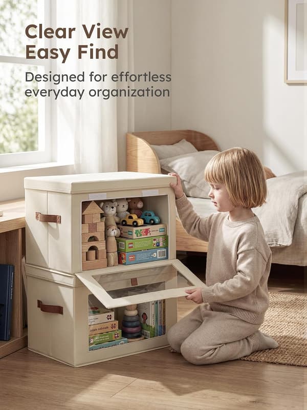 Foldable Storage Boxes 2/4/6 pcs, Fabric Bins with Handles and Window for Wardrobe and Shelf Beige 6 Pack
