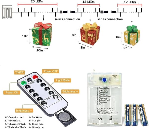 Christmas Decorations 3-Pack with LED, Lighted Gift Boxes Indoor & Outdoor with 8 Modes and Remote Control grön 3pcs
