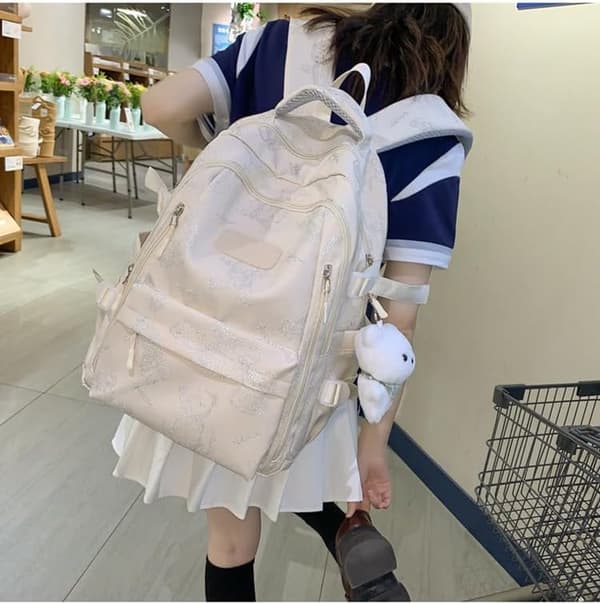 Girls' Backpack with Bear Pattern, Cute Nylon Backpack with Bear Pendant, Spacious Everyday and Travel Backpack 47x32x19 cm Beige