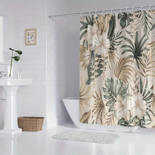 Elegant tropiskt hibiskusblommigt duschdraperi, badrumsdraperi med krokar, polyester
