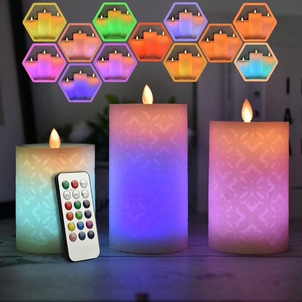 3-pack Color Changing Flameless LED Pillar Candles with 18-Key Remote Control, Timer, and Flickering Flame
