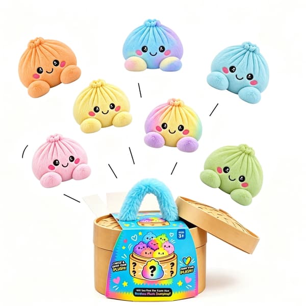 Dumpling Squishy i Blød Plys, 15 cm, Klemmelegetøj og Fidget-legetøj i Dumpling-form med Dampkurv, Lyserød