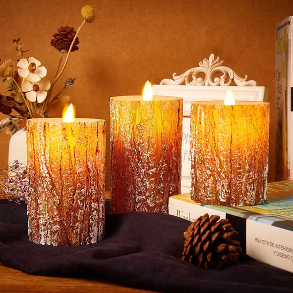 3-pack LED pillar candles with real wax and pine effect, flameless with 3D flickering flame, remote control and 24H timer