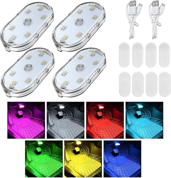 2/4-pack trådlös LED-belysning för bil, USB-uppladdningsbar kupébelysning MultiColor 4pcs
