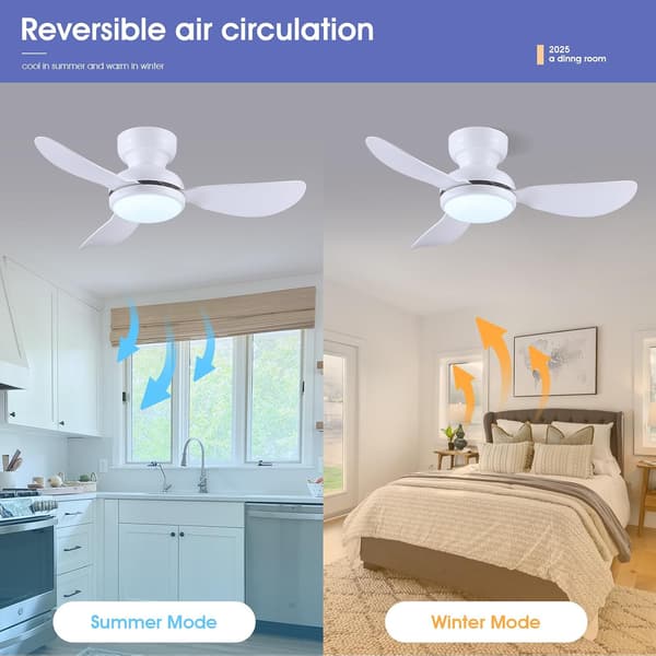 Ceiling fan with LED lighting 76 cm, 3 white ABS blades, remote control, low profile, 3 color temperatures, dimmable, 6 speeds White 70cm