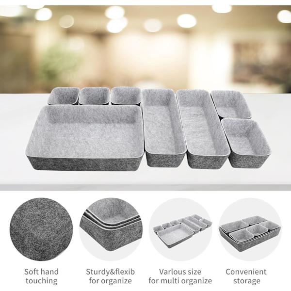 8-pack Felt Drawer Insert Storage Box Organizer for Makeup Drawer, Dresser & Office Light Gray