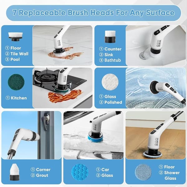 Electric Cleaning Brush Cordless – Rotating Scrubber with 9 Interchangeable Brush Heads