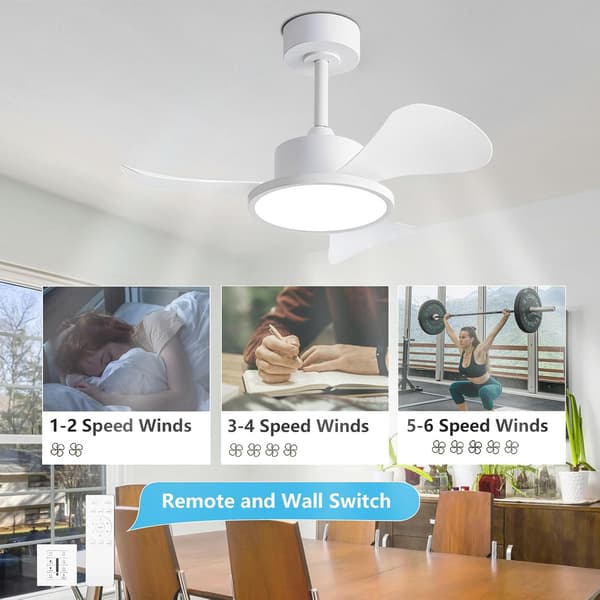 Ceiling fan with LED lighting 76 cm, 40 W, remote control and wall switch, 6 speeds, silent, 3 ABS blades Black & Walnut 76cm-Dual Control