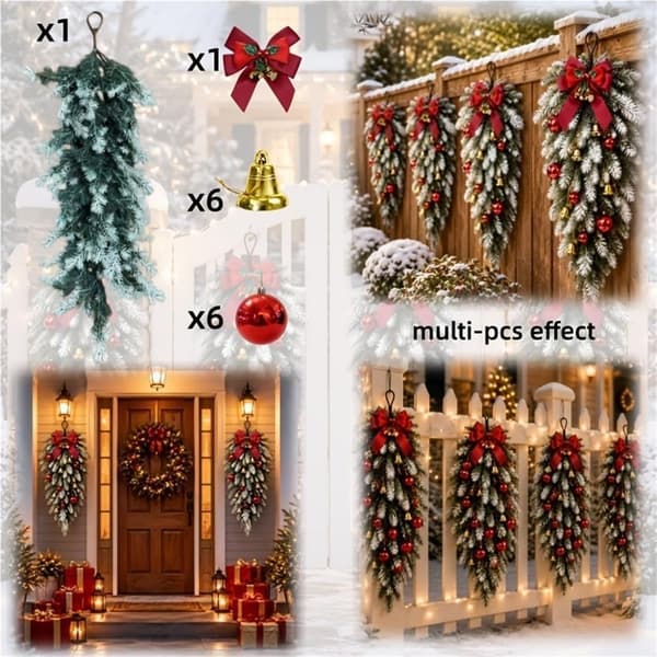 2-pack Christmas Decoration in Frosted Pine Branches, Teardrop-shaped Decoration with Red Bow, Bells, and Baubles