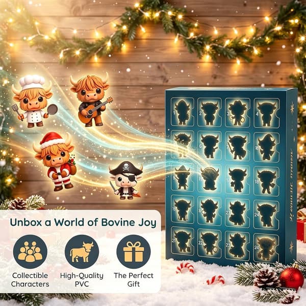 Julekalender 2026 Highland Ko, 24 dage med 3D-ko-figurer, Julekalender, Samlerfigurer og Julepynt