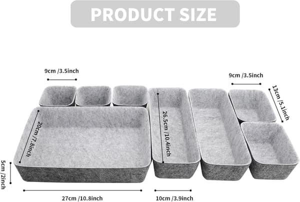 8-pak skuffeindsats filt opbevaringsboks organizer til makeupskuffe, kommode & kontor Light Gray