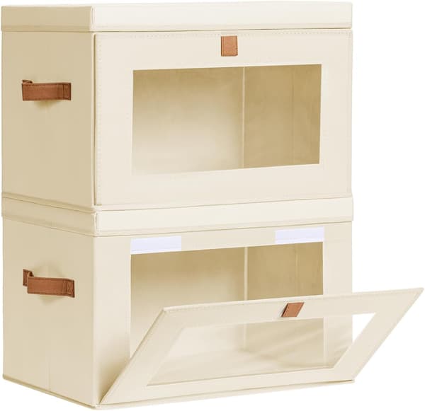 Sammenfoldelige opbevaringskasser 2/4/6 stk., stofkasser med håndtag og vindue til garderobe og hylde Beige 2 Pack