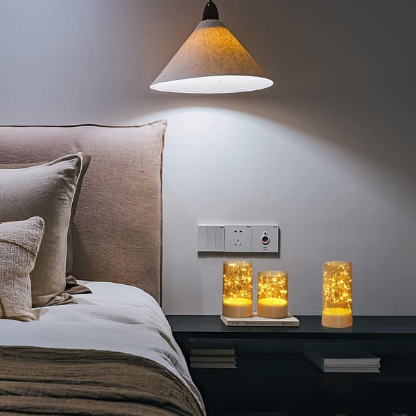 3-pack flameless LED candles with integrated fairy lights, remote control, timer, and flickering flame for home, wedding, and party Grey