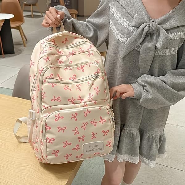 3-Piece Backpack Set with Bow, Large Daypack with Lunch Bag and Pencil Case for Work, Travel, and Everyday Use Beige&Blue