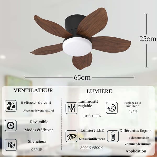 Ceiling fan with LED lighting 65/95/110 cm, 5 blades, remote control, 6 speeds, quiet reversible DC motor White 65cm