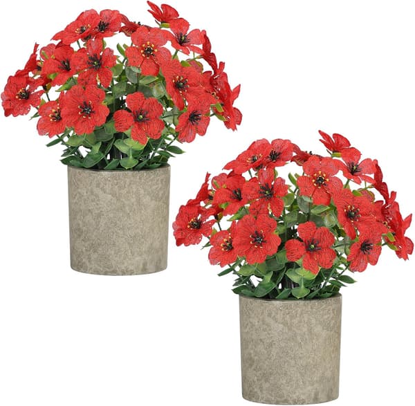 2-Pack Artificial Potted Plants – Small Fake Plants with Daisy & Eucalyptus, Artificial Flowers Home Decor Red