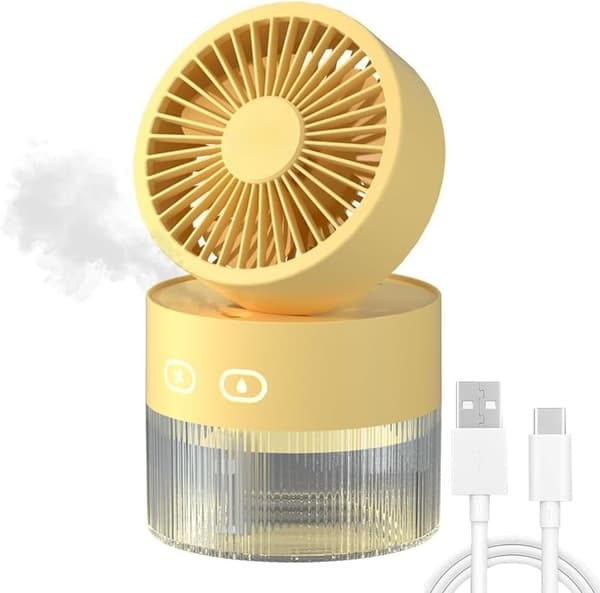 Bærbar ventilator luftfugter 350 ml, 3 hastigheder vandkøler bordventilator, USB genopladelig ventilator m/natlys bilventilator luftfugter til hjemmet Yellow