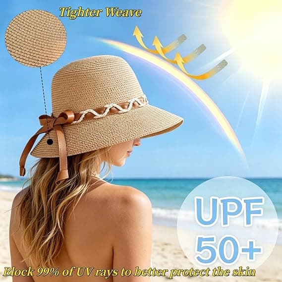 Strand Solstråhattar för kvinnor, Sommar Solskydd Vikbar Packbar Bredbrättad Hatt Beige