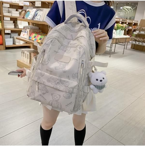 Girls' Backpack with Bear Pattern, Cute Nylon Backpack with Bear Pendant, Spacious Everyday and Travel Backpack 47x32x19 cm Beige
