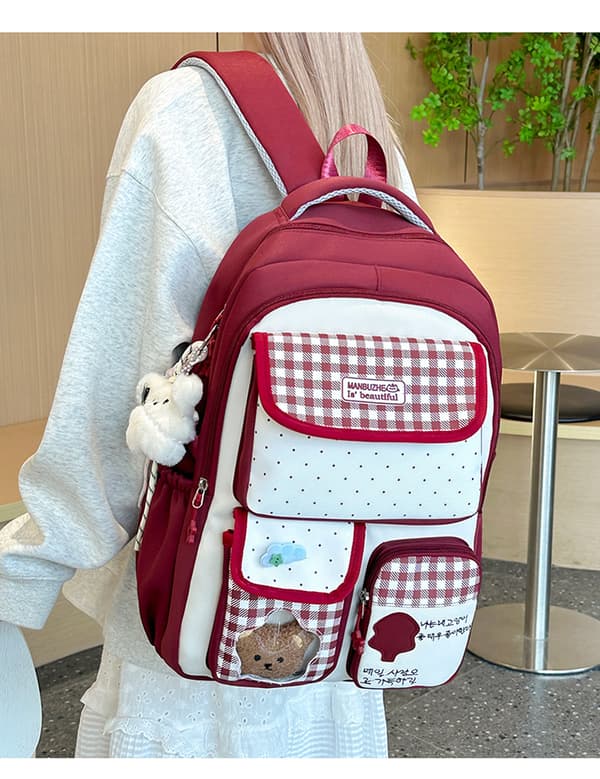 Backpack with Plaid and Polka Dot Pattern, Multiple Pockets, Cat Charm, and Spacious Storage for Everyday and Travel Black