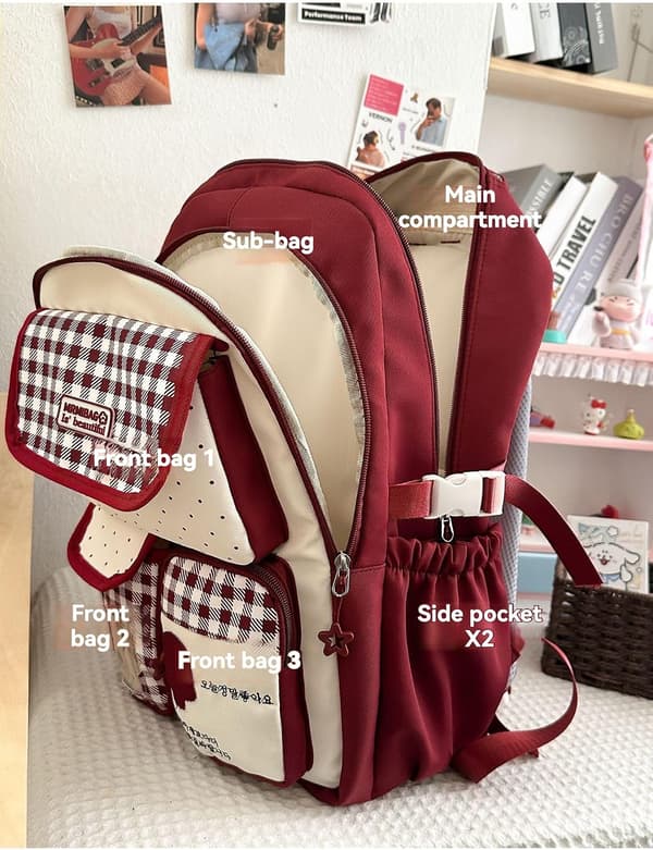 Backpack with Plaid and Polka Dot Pattern, Multiple Pockets, Cat Charm, and Spacious Storage for Everyday and Travel Red
