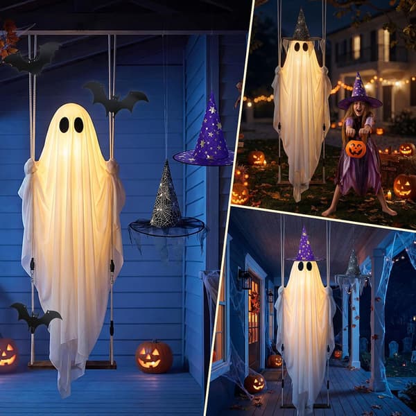 Large Hanging Ghost Halloween Decoration 3.35m, LED Lights, Bats and Witch Hat, Remote Control for Outdoor Use 1.5m