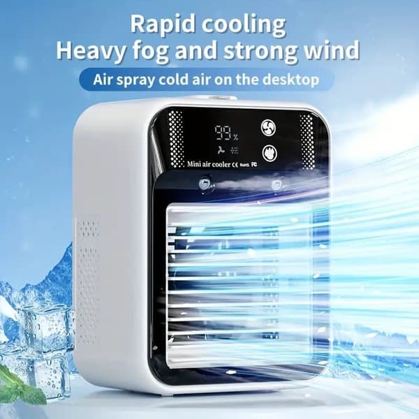 Smart Mini Luftkøler & Bordventilator, Bærbar Sprayventilator med USB, 3000mAh Batteri, Effektiv Ventilator