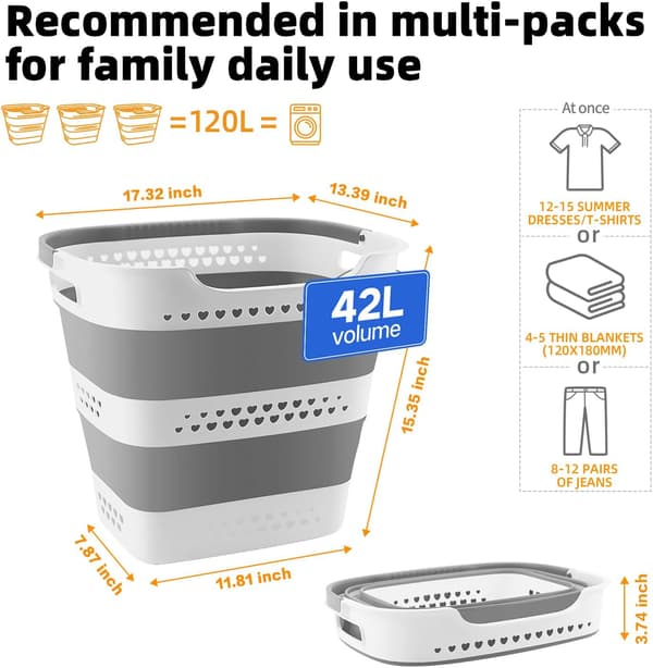 2-pack Foldable Laundry Basket 42 L Plastic with Handles, Space-Saving Laundry Hamper for Home, Bathroom, and Laundry Room Light grey