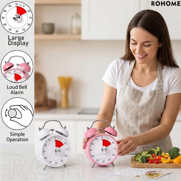 60 Minute Visual Timer, Analog Countdown Timer with Loud Dual Alarm, Silent Design for Classroom, Study, and Kitchen White