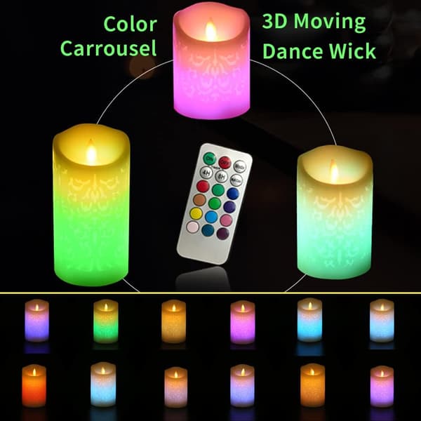 3-pack Color Changing LED Pillar Candles with Remote Control and Timer, Real Wax and Flickering Dancing Flame for Home