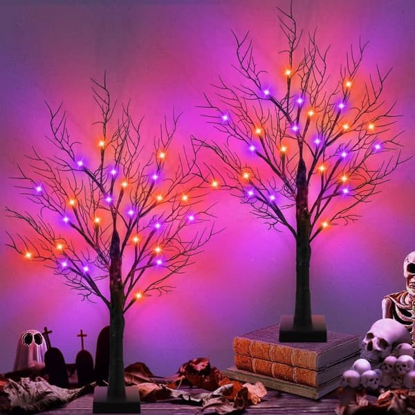 2-pak Halloween natlampe & halloweendekoration – sort træ med 24 LED-lys, 61 cm