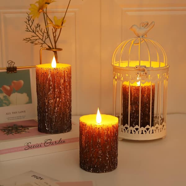 3-pack LED pillar candles with real wax and pine effect, flameless with 3D flickering flame, remote control and 24H timer