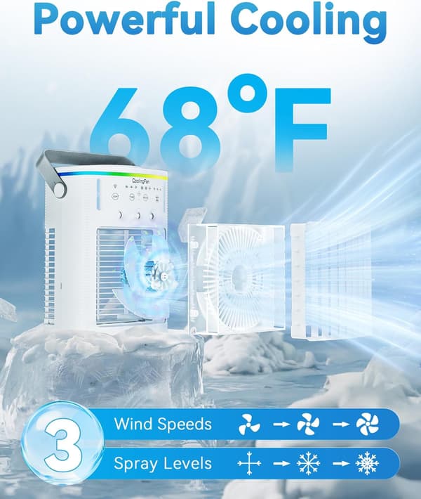 Bærbar aircondition, 3-i-1 mini AC med 1000 ml vandtank, 2/4/6 timers timer, 7 LED-lys, USB-køleventilator til kontoret