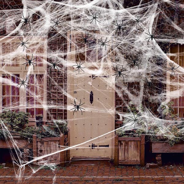 Halloween-dekorasjon, 60g spindelvev med 30 stk. plastedderkopper, elastisk spindelvev for innendørs og utendørs bruk, værbestandig 60g