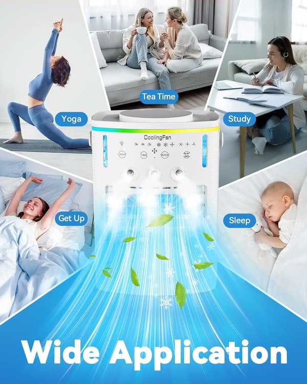 Bærbar aircondition, 3-i-1 mini AC med 1000 ml vandtank, 2/4/6 timers timer, 7 LED-lys, USB-køleventilator til kontoret