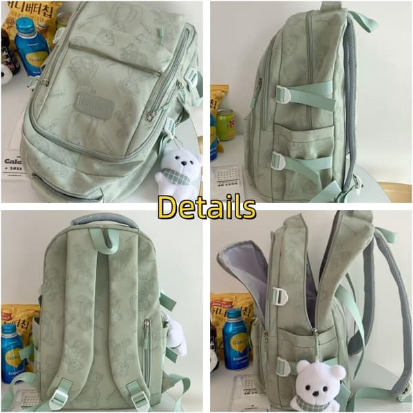 Girls' Backpack with Bear Pattern, Cute Nylon Backpack with Bear Pendant, Spacious Everyday and Travel Backpack 47x32x19 cm Grey