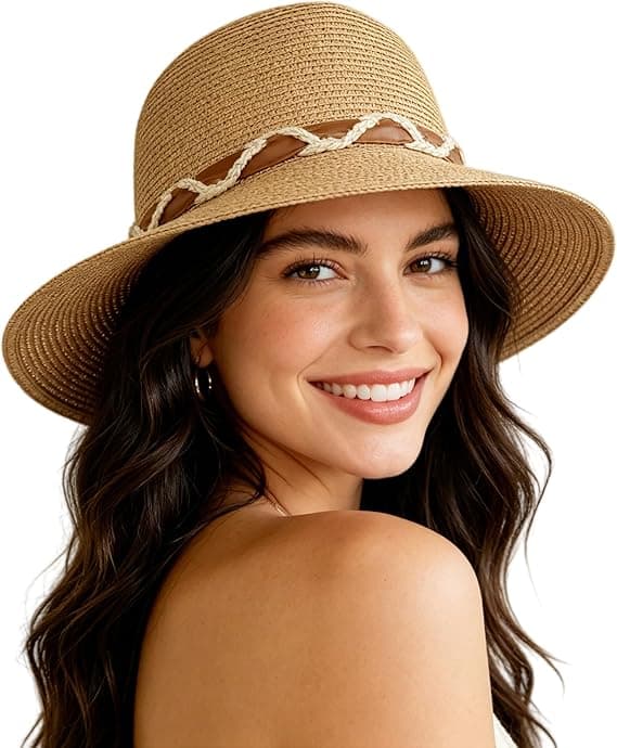Strand Solstråhattar för kvinnor, Sommar Solskydd Vikbar Packbar Bredbrättad Hatt Khaki