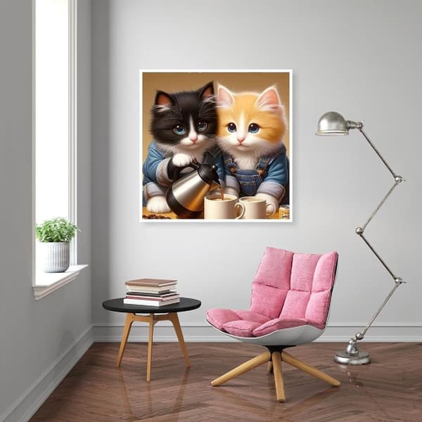 Katt & Kaffe 5D Diamantkunst - Afslappende perlemaleri, runde perler heldækkende, DIY 35x35 cm