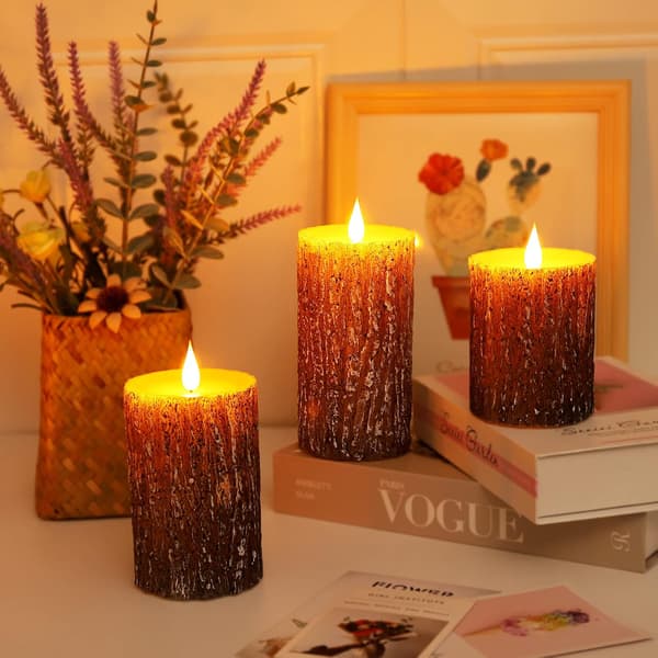 3-pack LED pillar candles with real wax and pine effect, flameless with 3D flickering flame, remote control and 24H timer