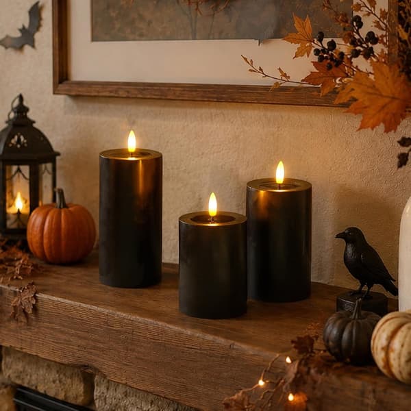 3-pack Black Halloween Flameless LED Pillar Candles with Flickering Effect, Remote Control and 2/4/6/8H Timer 3pcs