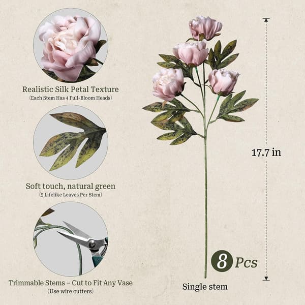 8 Pieces Artificial Peonies, Artificial Flowers with Stems for Vase, Bouquet, Home Decor, Wedding and Table White